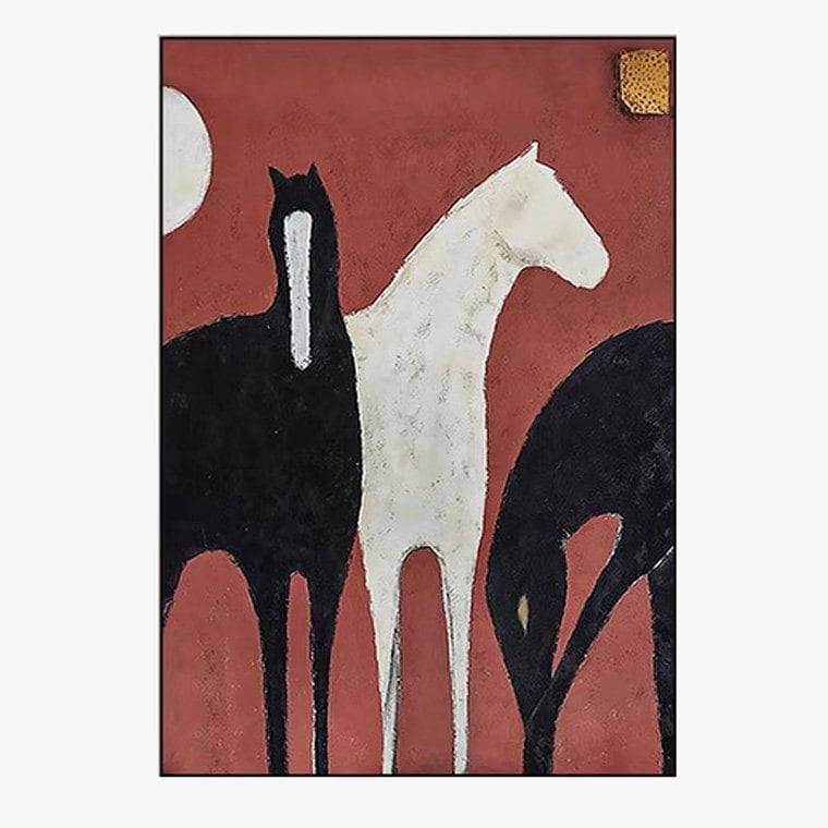 Abstract Black and White Horses Oil Painting on Canvas, Large Original Horse Canvas Wall Art, Modern Animal Painting for Living Room Bedroom