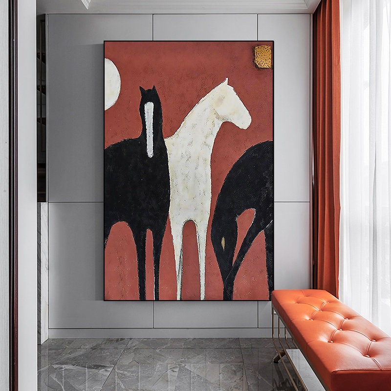 Abstract Black and White Horses Oil Painting on Canvas, Large Original Horse Canvas Wall Art, Modern Animal Painting for Living Room Bedroom