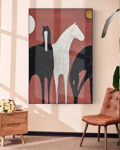 Abstract Black and White Horses Oil Painting on Canvas, Large Original Horse Canvas Wall Art, Modern Animal Painting for Living Room Bedroom