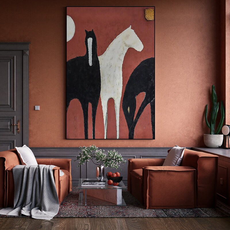 Abstract Black and White Horses Oil Painting on Canvas, Large Original Horse Canvas Wall Art, Modern Animal Painting for Living Room Bedroom