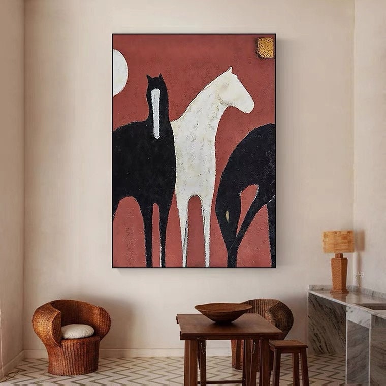 Abstract Black and White Horses Oil Painting on Canvas, Large Original Horse Canvas Wall Art, Modern Animal Painting for Living Room Bedroom