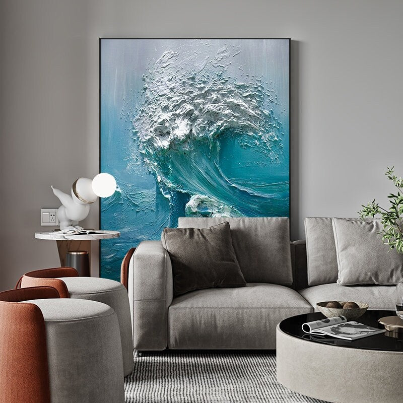 Abstract Ocean Waves Canvas Wall Art, Original Seascape Oil Painting on Canvas, Modern Textured Sea Waves Wall Art for Living Room Bedroom