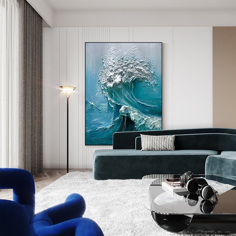 Abstract Ocean Waves Canvas Wall Art, Original Seascape Oil Painting on Canvas, Modern Textured Sea Waves Wall Art for Living Room Bedroom
