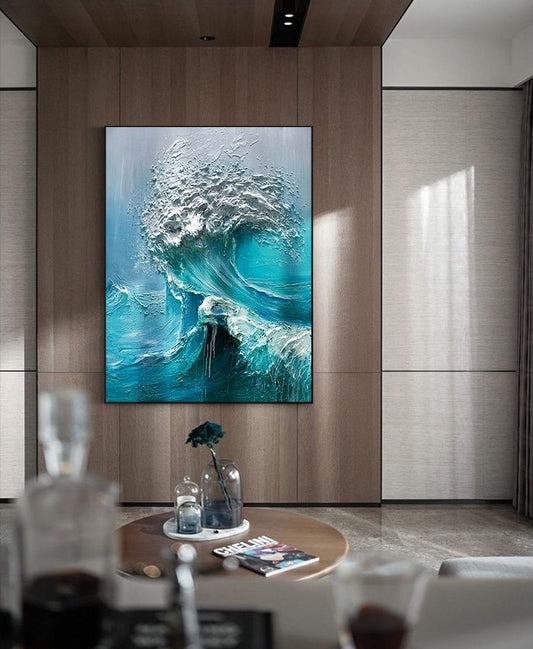 Abstract Ocean Waves Canvas Wall Art, Original Seascape Oil Painting on Canvas, Modern Textured Sea Waves Wall Art for Living Room Bedroom