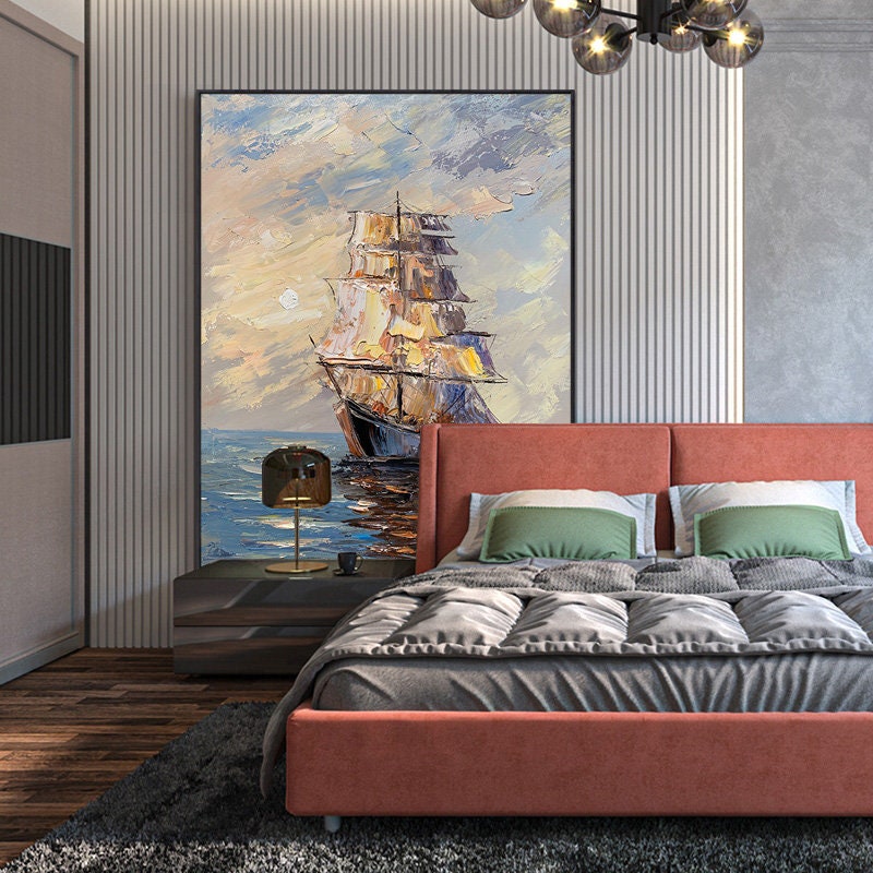 Large Abstract Sailboat Oil Painting on Canvas, Original Seascape and Sunrise Canvas Art, Modern Textured Nautical Wall Art for Living Room