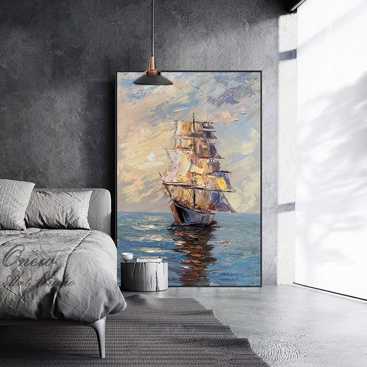 Large Abstract Sailboat Oil Painting on Canvas, Original Seascape and Sunrise Canvas Art, Modern Textured Nautical Wall Art for Living Room