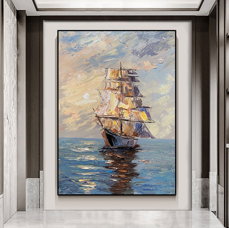 Large Abstract Sailboat Oil Painting on Canvas, Original Seascape and Sunrise Canvas Art, Modern Textured Nautical Wall Art for Living Room
