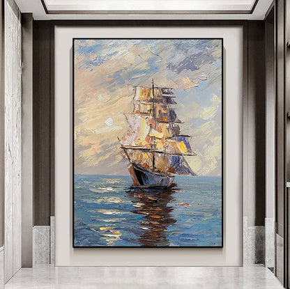 Large Abstract Sailboat Oil Painting on Canvas, Original Seascape and Sunrise Canvas Art, Modern Textured Nautical Wall Art for Living Room