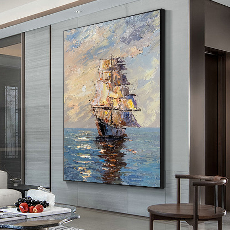 Large Abstract Sailboat Oil Painting on Canvas, Original Seascape and Sunrise Canvas Art, Modern Textured Nautical Wall Art for Living Room