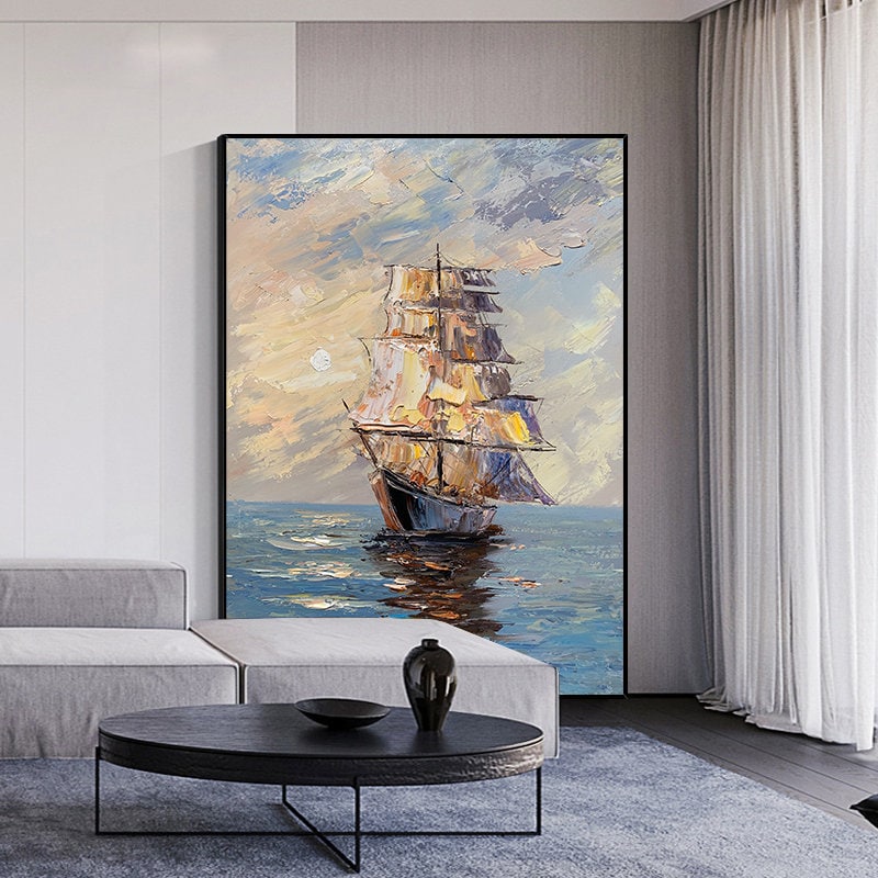 Large Abstract Sailboat Oil Painting on Canvas, Original Seascape and Sunrise Canvas Art, Modern Textured Nautical Wall Art for Living Room