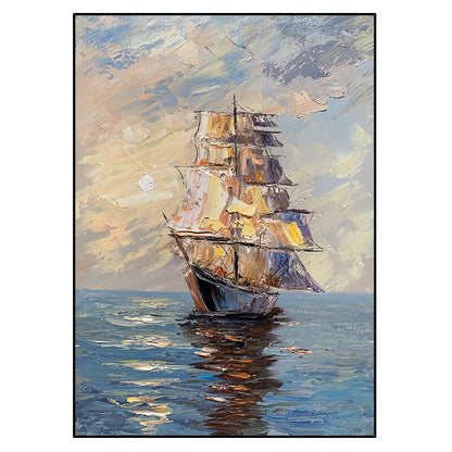Large Abstract Sailboat Oil Painting on Canvas, Original Seascape and Sunrise Canvas Art, Modern Textured Nautical Wall Art for Living Room