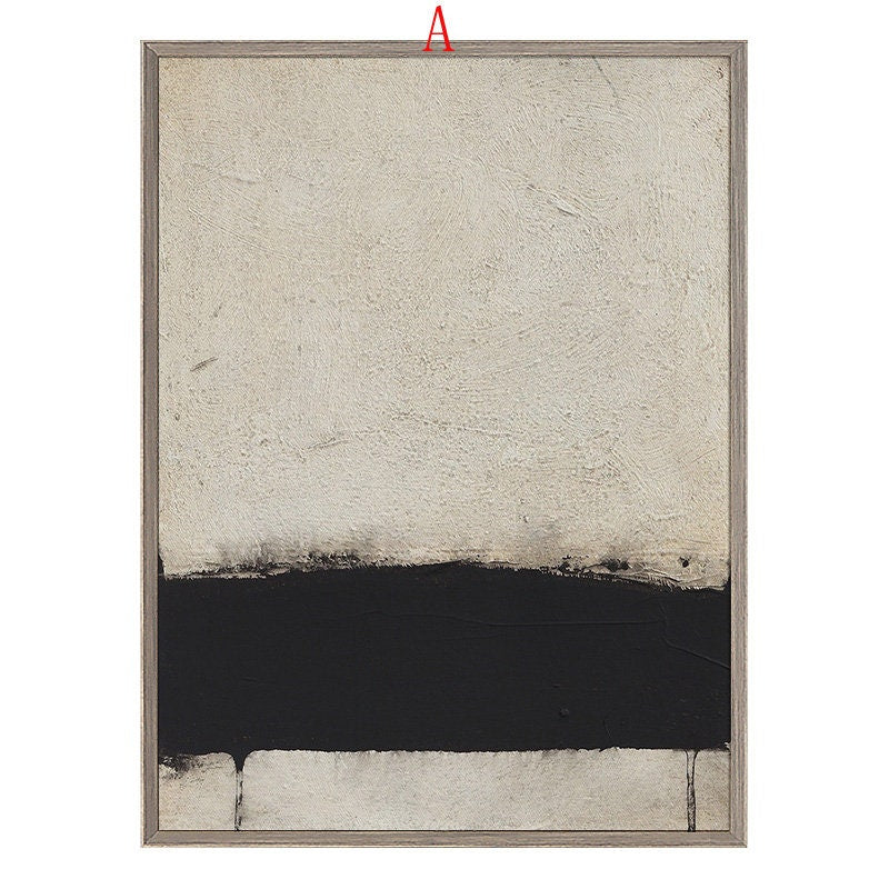 May include: Abstract art print with a black horizontal stripe across the middle of a white canvas. The print is framed in a light wood frame.