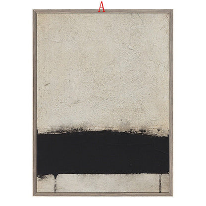 May include: Abstract art print with a black horizontal stripe across the middle of a white canvas. The print is framed in a light wood frame.