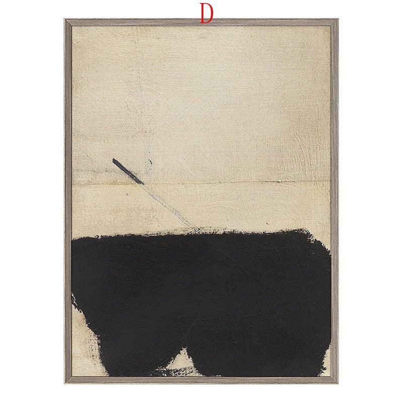 May include: Abstract painting with a black shape at the bottom and a thin black line in the upper portion of the canvas. The background is a light beige color.