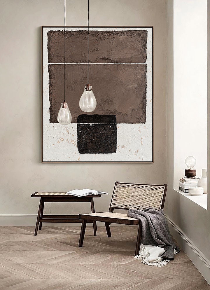 Original Brown and White Oil Painting on Canvas, Large Abstract Geometric Wall Art, Modern Minimalist Wall Art for Living Room,bedroom Decor