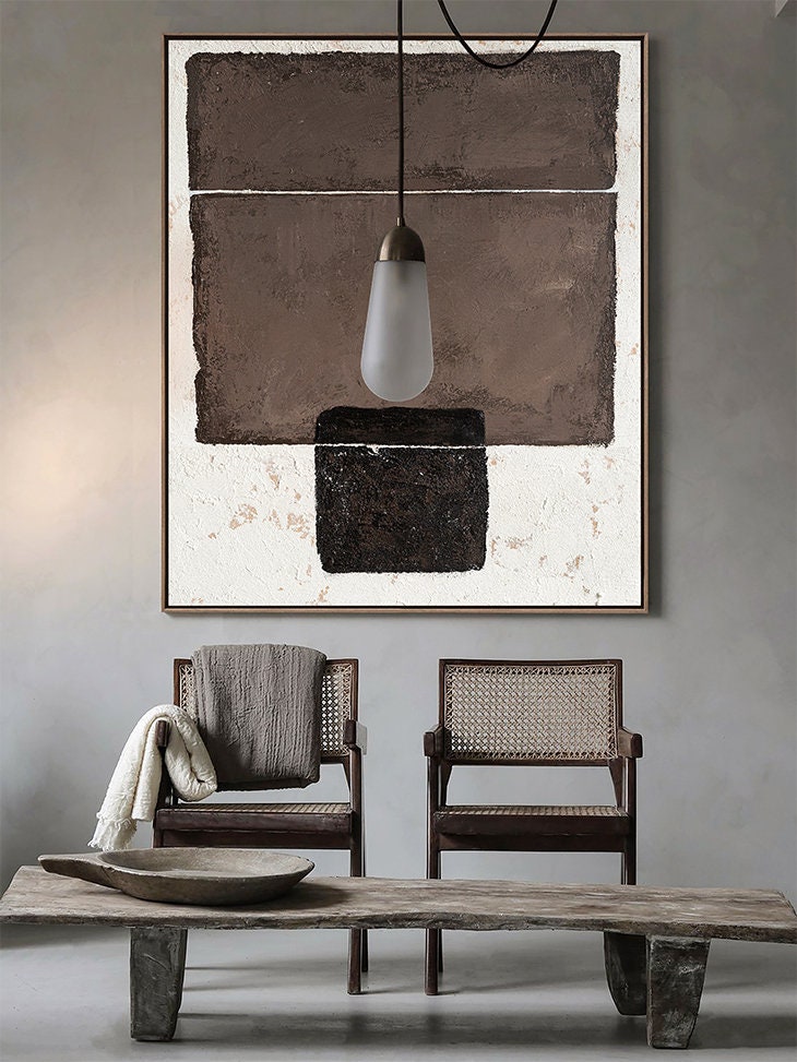 Original Brown and White Oil Painting on Canvas, Large Abstract Geometric Wall Art, Modern Minimalist Wall Art for Living Room,bedroom Decor