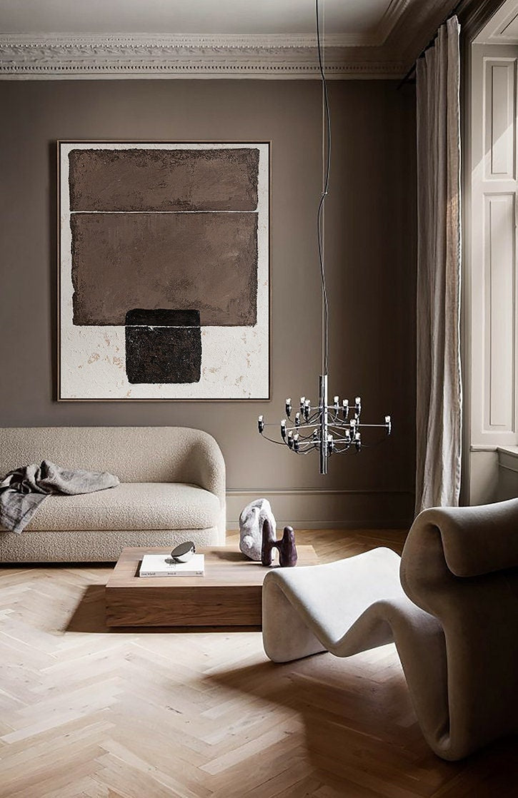 Original Brown and White Oil Painting on Canvas, Large Abstract Geometric Wall Art, Modern Minimalist Wall Art for Living Room,bedroom Decor