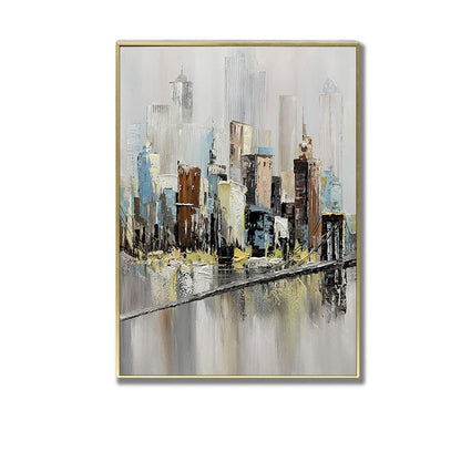 May include: Abstract painting of a cityscape with a bridge in the foreground. The buildings are painted in shades of brown, blue, and white, and the water is a light gray. The painting has a gold frame.