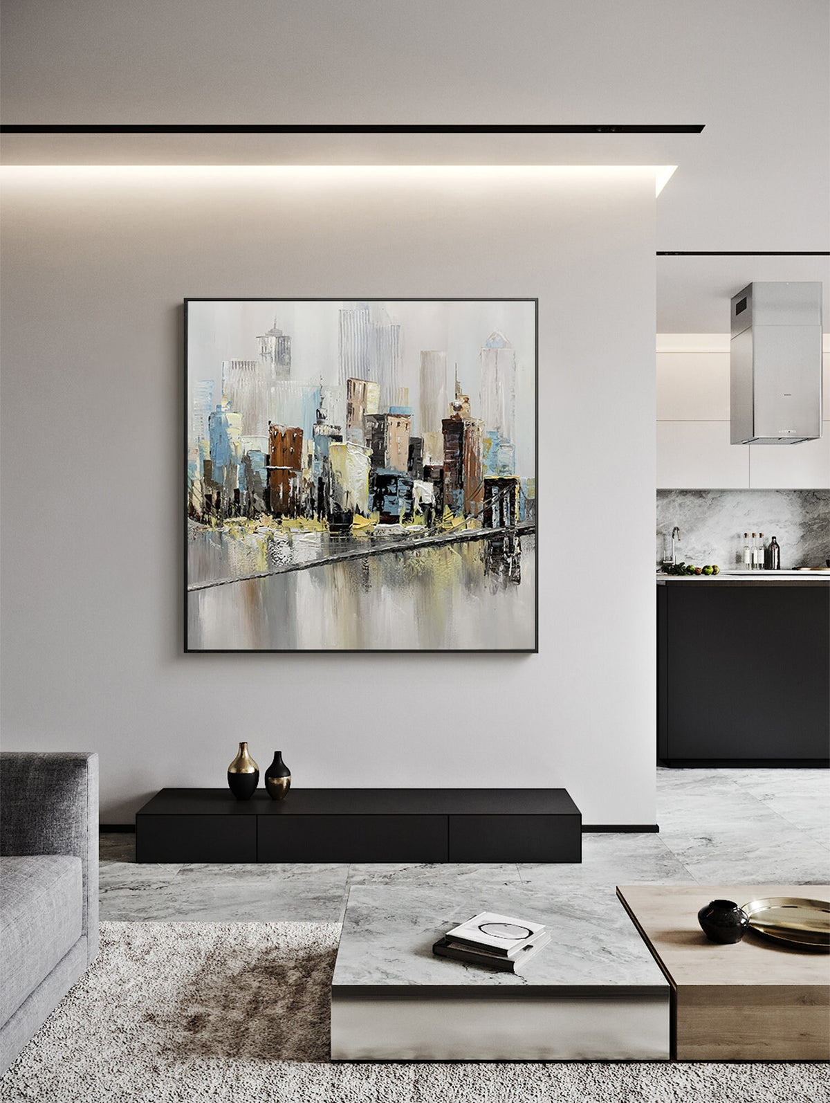 May include: Abstract painting of a cityscape with a bridge in the foreground. The painting is done in shades of gray, blue, brown, and yellow. The painting is framed in a black frame and is hanging on a white wall.