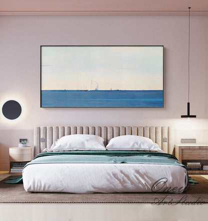Abstract Seascape Oil Painting on Canvas, Large Original Ocean and Sailboats Canvas Art, Modern Minimalist Nautical Painting for Living Room