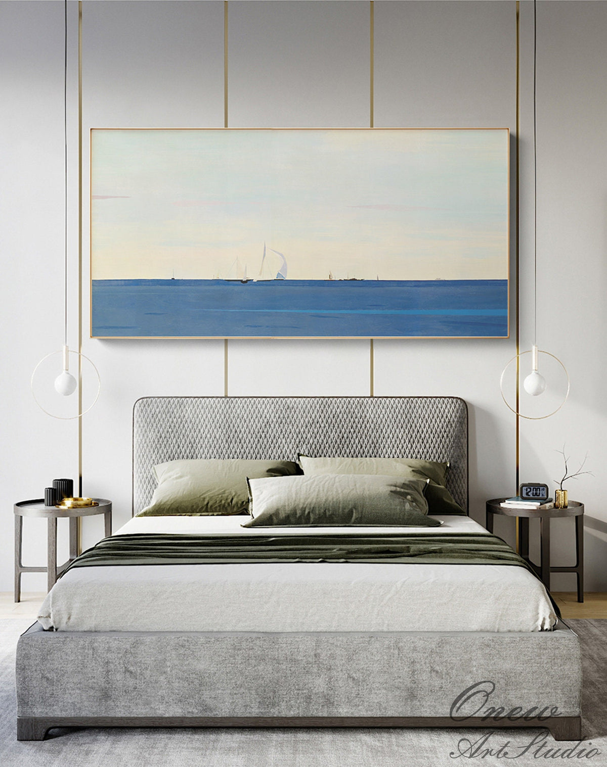 Abstract Seascape Oil Painting on Canvas, Large Original Ocean and Sailboats Canvas Art, Modern Minimalist Nautical Painting for Living Room