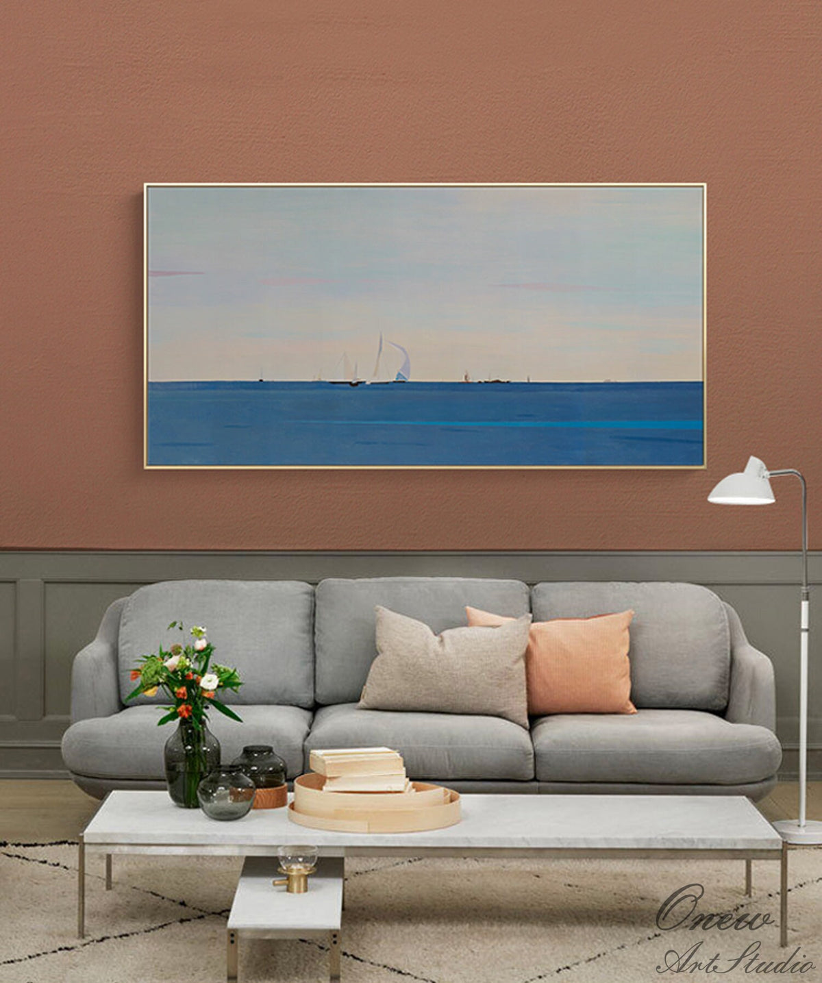 Abstract Seascape Oil Painting on Canvas, Large Original Ocean and Sailboats Canvas Art, Modern Minimalist Nautical Painting for Living Room