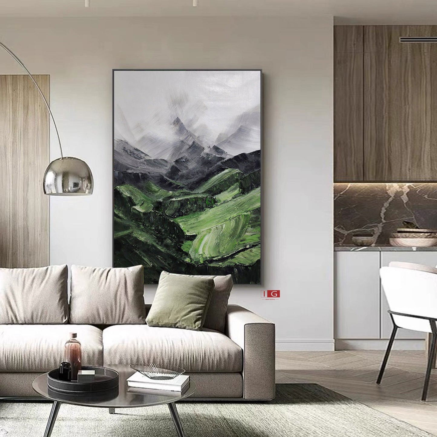 Sage Green Mountainscape Painting – Minimal Abstract Art – Abstract Painting