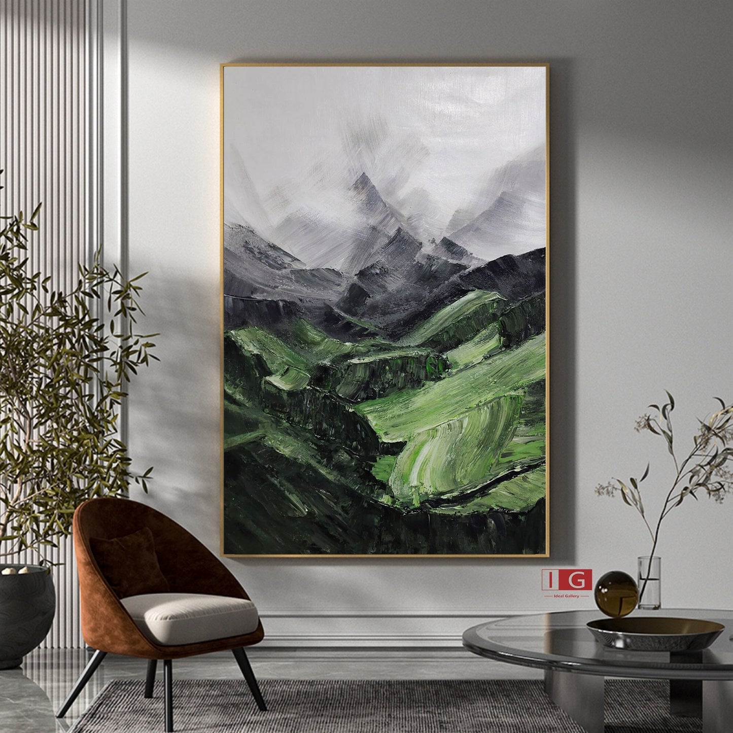 Sage Green Mountainscape Painting – Minimal Abstract Art – Abstract Painting