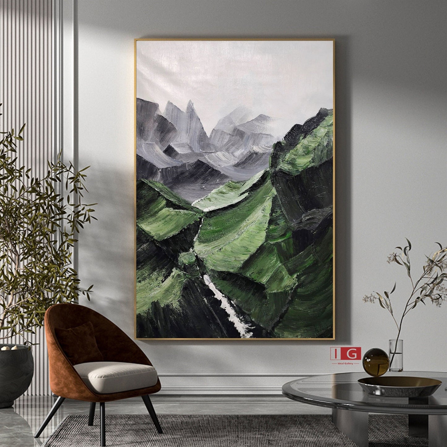 Green Mountain Abstract Painting – Minimalist Landscape Art – Landscape Canvas Art