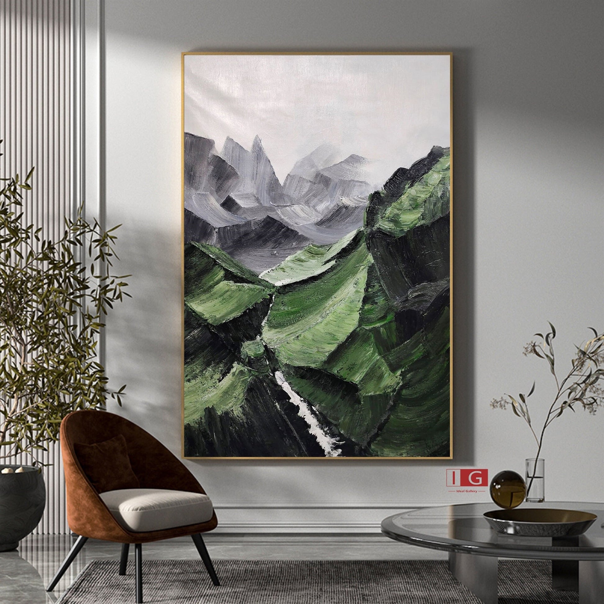 Green Mountain Abstract Painting – Minimalist Landscape Art – Landscape Canvas Art
