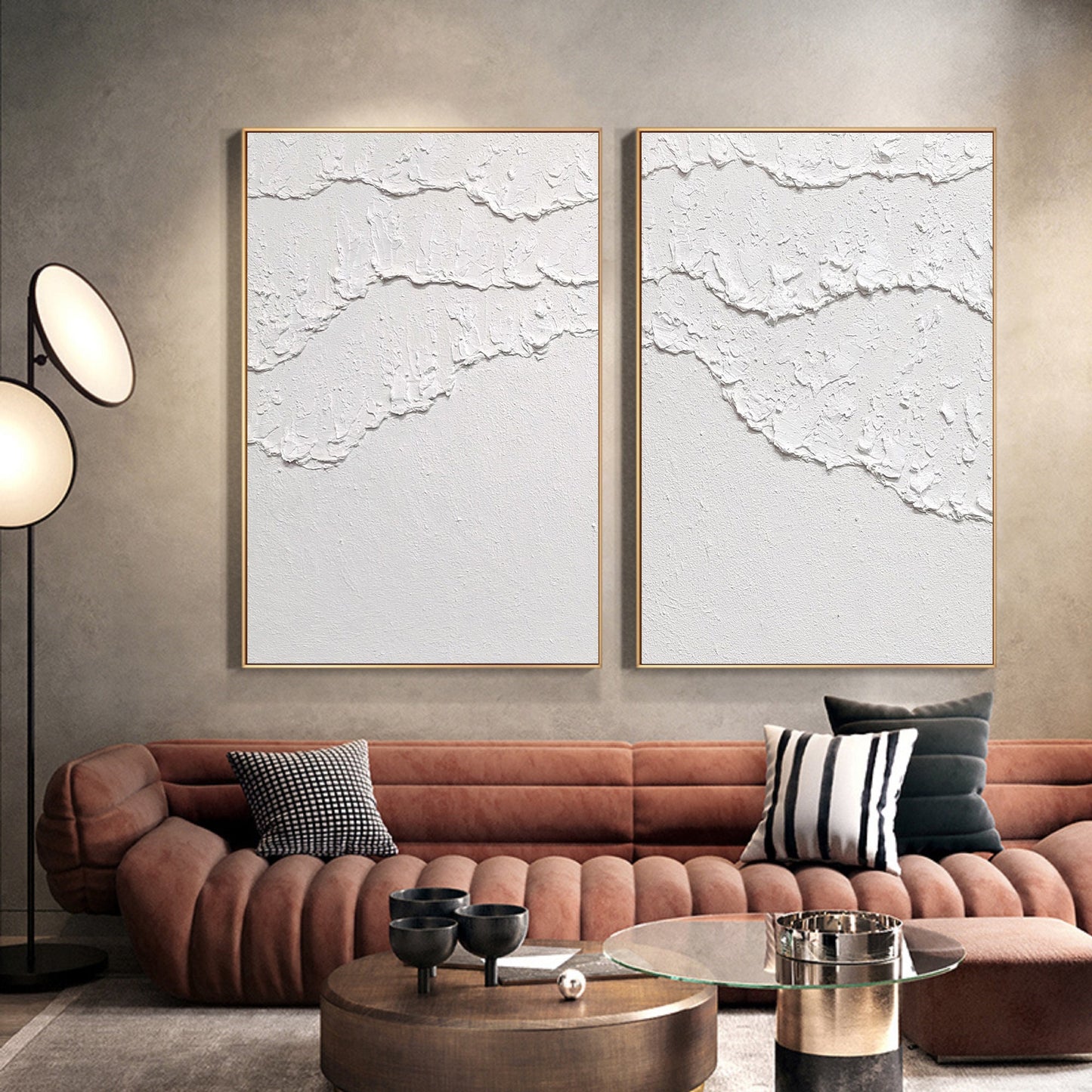 Set of 2 White Ocean Wave Textured Abstract Paintings – Abstract Seascape Art