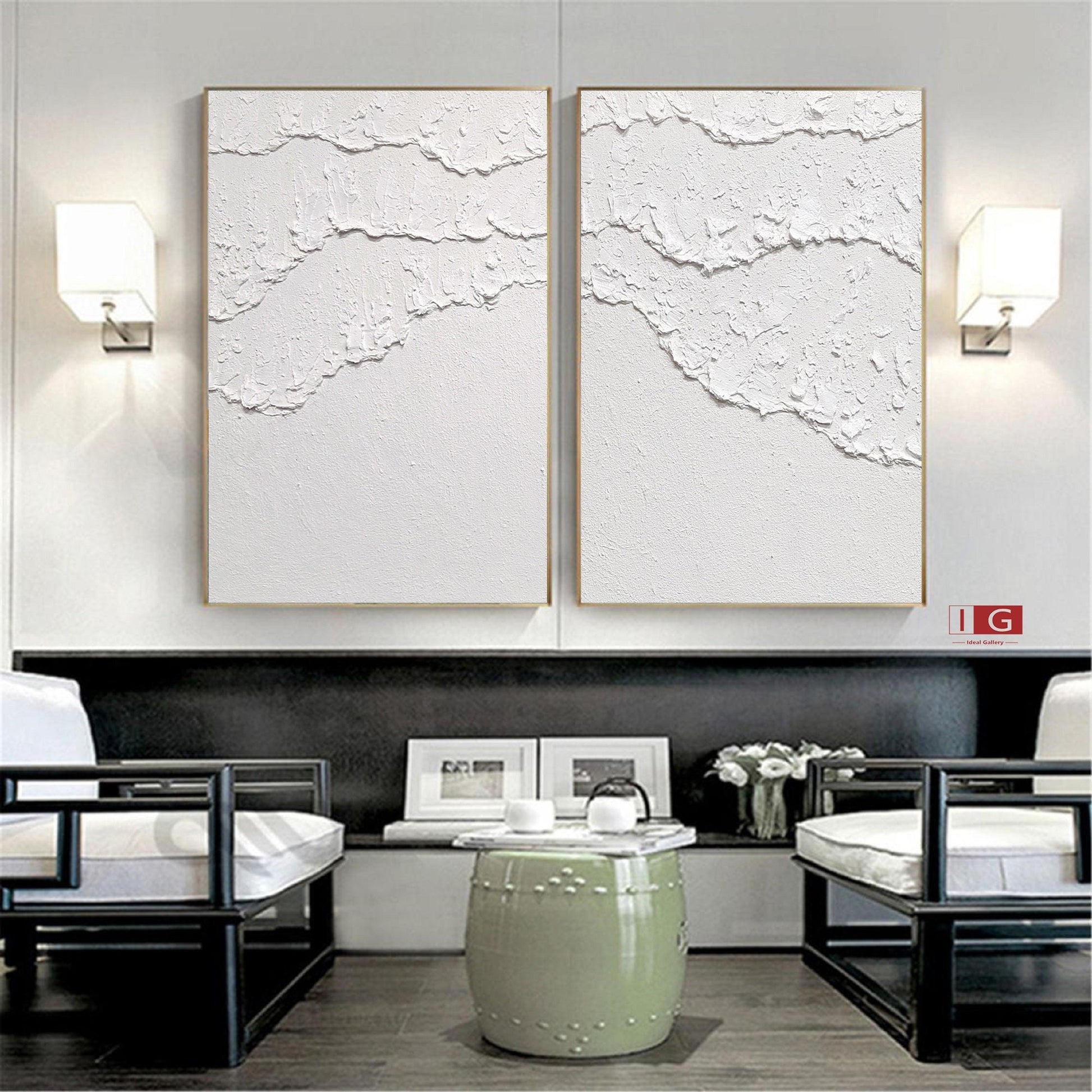 Set of 2 White Ocean Wave Textured Abstract Paintings – Abstract Seascape Art