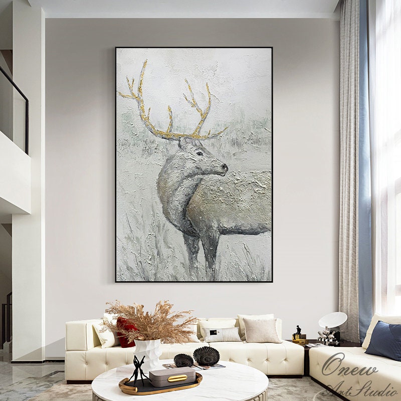 Abstract Deer Oil Painting on Canvas, Large Original Stag Canvas Wall Art, Modern Hand-painted Animal Painting for Living Room, Home Décor
