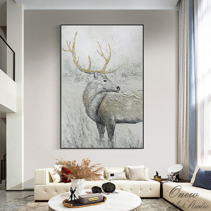 Abstract Deer Oil Painting on Canvas, Large Original Stag Canvas Wall Art, Modern Hand-painted Animal Painting for Living Room, Home Décor