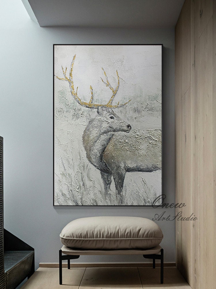 Abstract Deer Oil Painting on Canvas, Large Original Stag Canvas Wall Art, Modern Hand-painted Animal Painting for Living Room, Home Décor