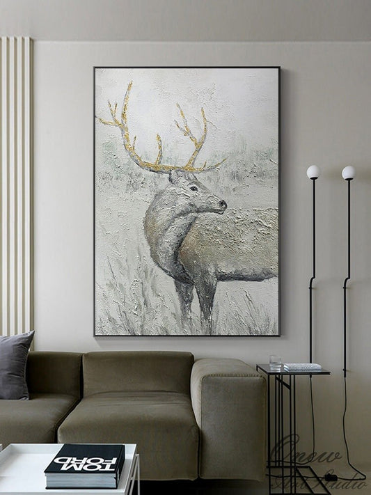 Abstract Deer Oil Painting on Canvas, Large Original Stag Canvas Wall Art, Modern Hand-painted Animal Painting for Living Room, Home Décor