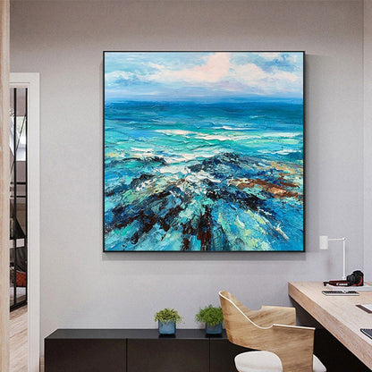 Blue and White Abstract Textured Ocean Wall Art – Mediterranean Seascape