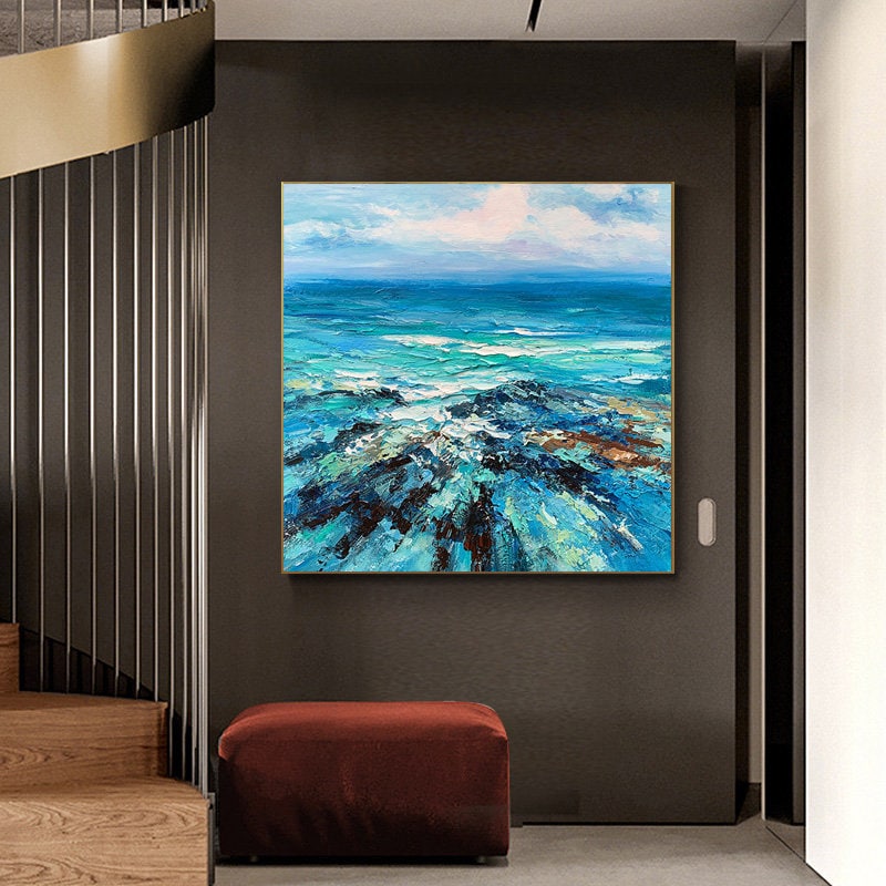 Blue and White Abstract Textured Ocean Wall Art – Mediterranean Seascape