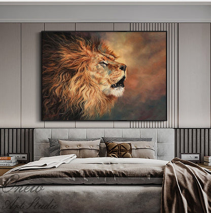 May include: A framed canvas art print of a lion's head, roaring with its mouth open. The lion's mane is a mix of orange and brown hues, with a dark background. The artwork is displayed above a bed with gray bedding and pillows.