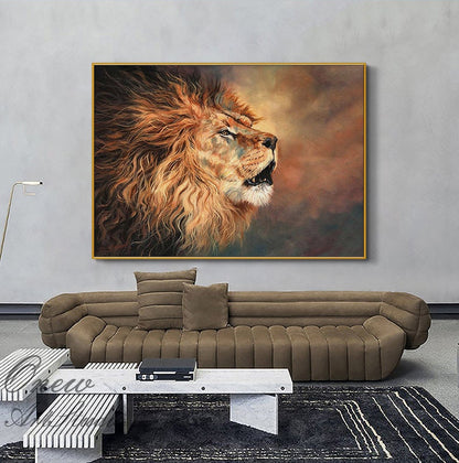 May include: A framed painting of a roaring lion with a golden mane. The artwork features warm tones of brown, orange, and gold, creating a dramatic and powerful image. The lion's open mouth and intense gaze convey strength.