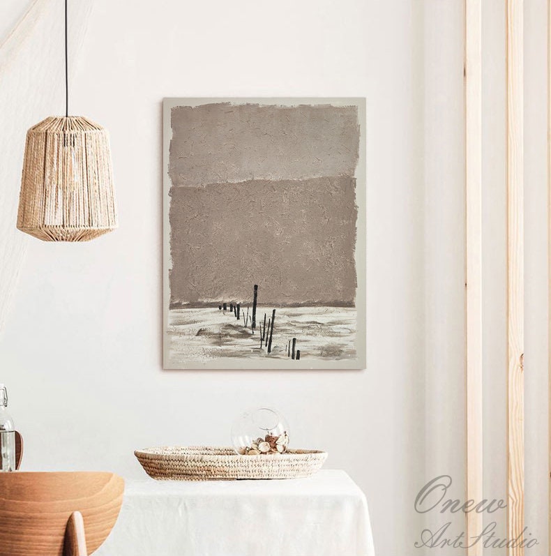 Brown and White Abstract Oil Painting on Canvas, Original Landscape Canvas Wall Art, Modern Minimalist Wall Art for Living Room, Home Décor