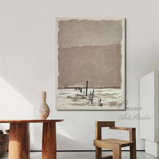 Brown and White Abstract Oil Painting on Canvas, Original Landscape Canvas Wall Art, Modern Minimalist Wall Art for Living Room, Home Décor