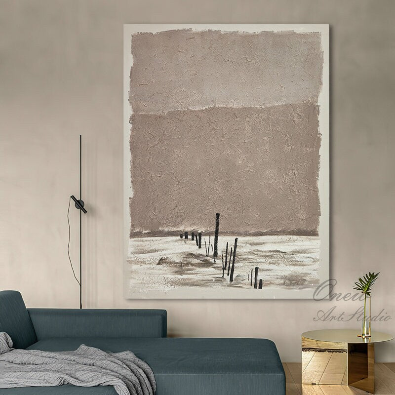 Brown and White Abstract Oil Painting on Canvas, Original Landscape Canvas Wall Art, Modern Minimalist Wall Art for Living Room, Home Décor