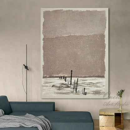 Brown and White Abstract Oil Painting on Canvas, Original Landscape Canvas Wall Art, Modern Minimalist Wall Art for Living Room, Home Décor