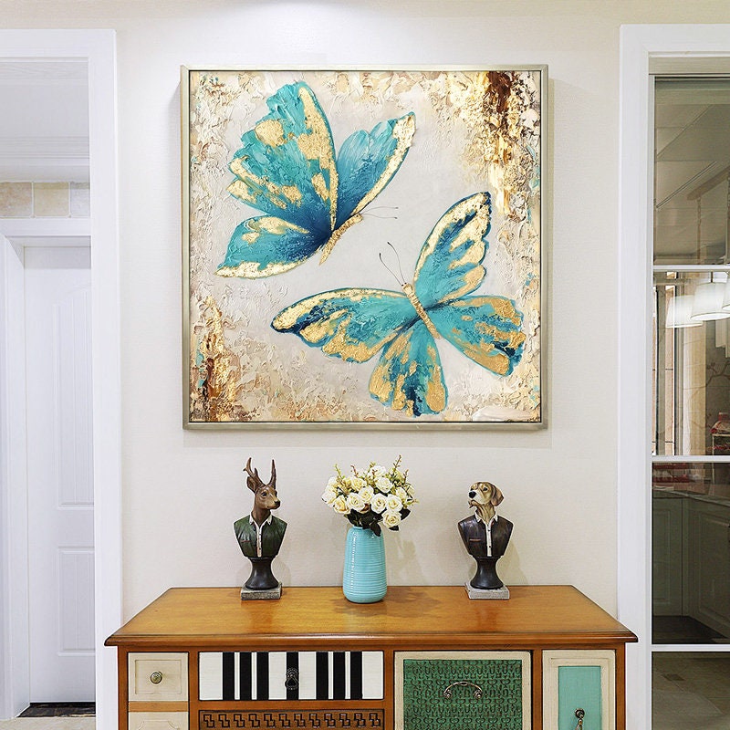 Original Blue Butterfly Oil Painting on Canvas, Large Abstract Butterflies Canvas Wall Art, Modern Textured Animal Painting for Living Room
