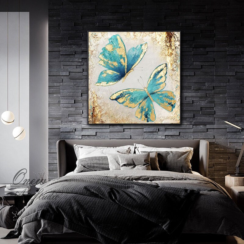 Original Blue Butterfly Oil Painting on Canvas, Large Abstract Butterflies Canvas Wall Art, Modern Textured Animal Painting for Living Room