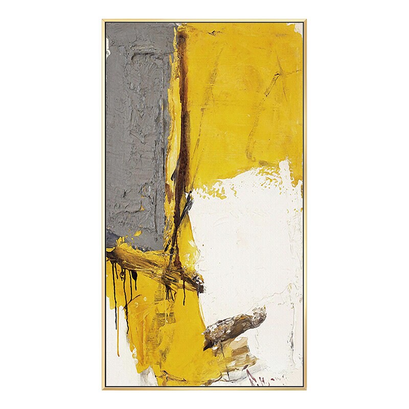 Large Abstract Oil Painting on Canvas, Original Yellow Gray and White Canvas Wall Art, Modern Minimalist Wall Art for Living Room,home Decor