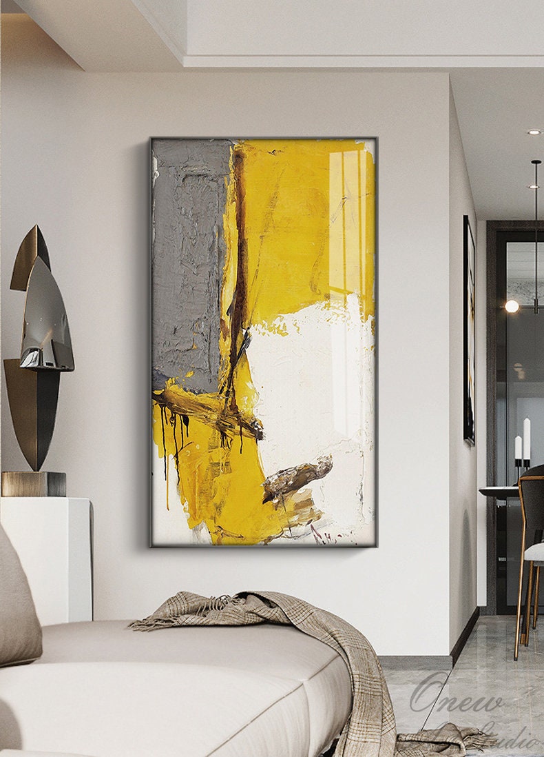 Large Abstract Oil Painting on Canvas, Original Yellow Gray and White Canvas Wall Art, Modern Minimalist Wall Art for Living Room,home Decor