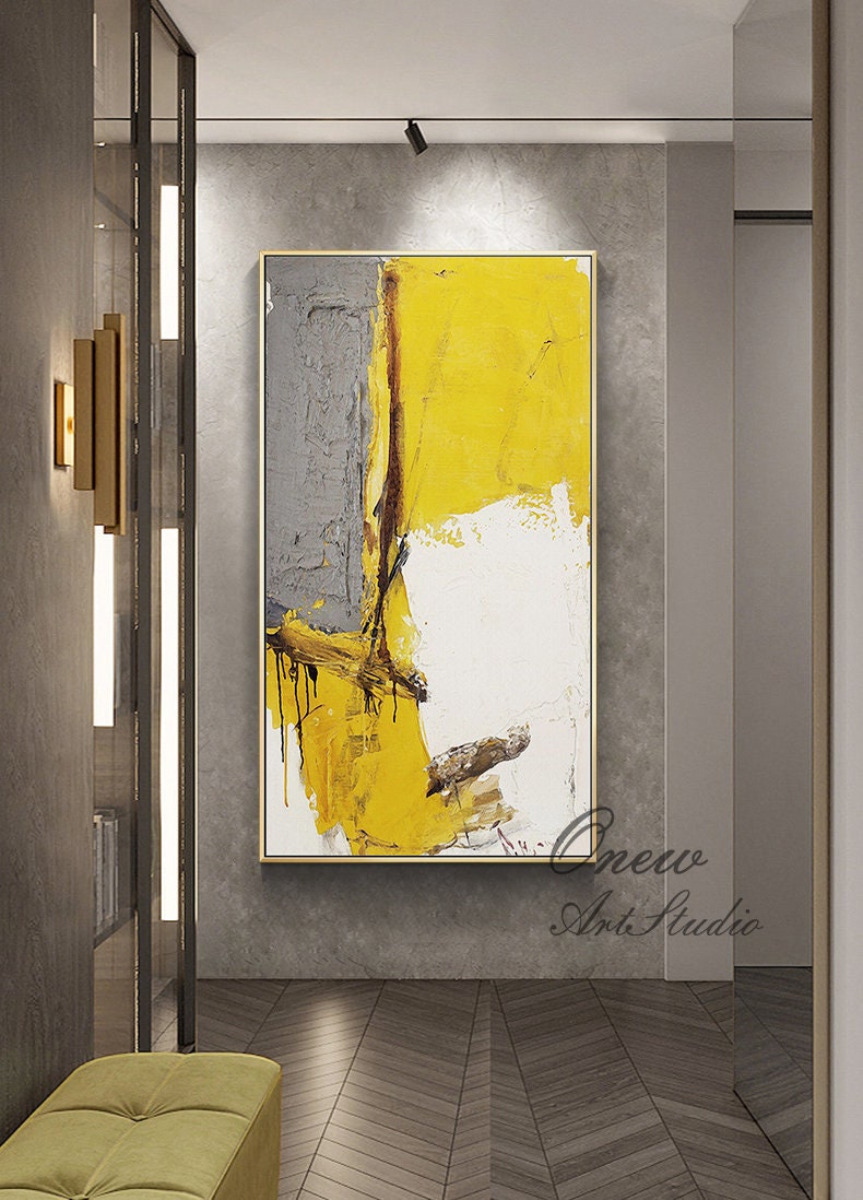 Large Abstract Oil Painting on Canvas, Original Yellow Gray and White Canvas Wall Art, Modern Minimalist Wall Art for Living Room,home Decor