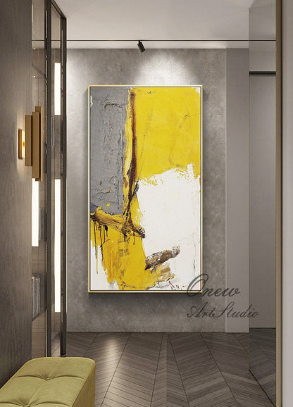 Large Abstract Oil Painting on Canvas, Original Yellow Gray and White Canvas Wall Art, Modern Minimalist Wall Art for Living Room,home Decor